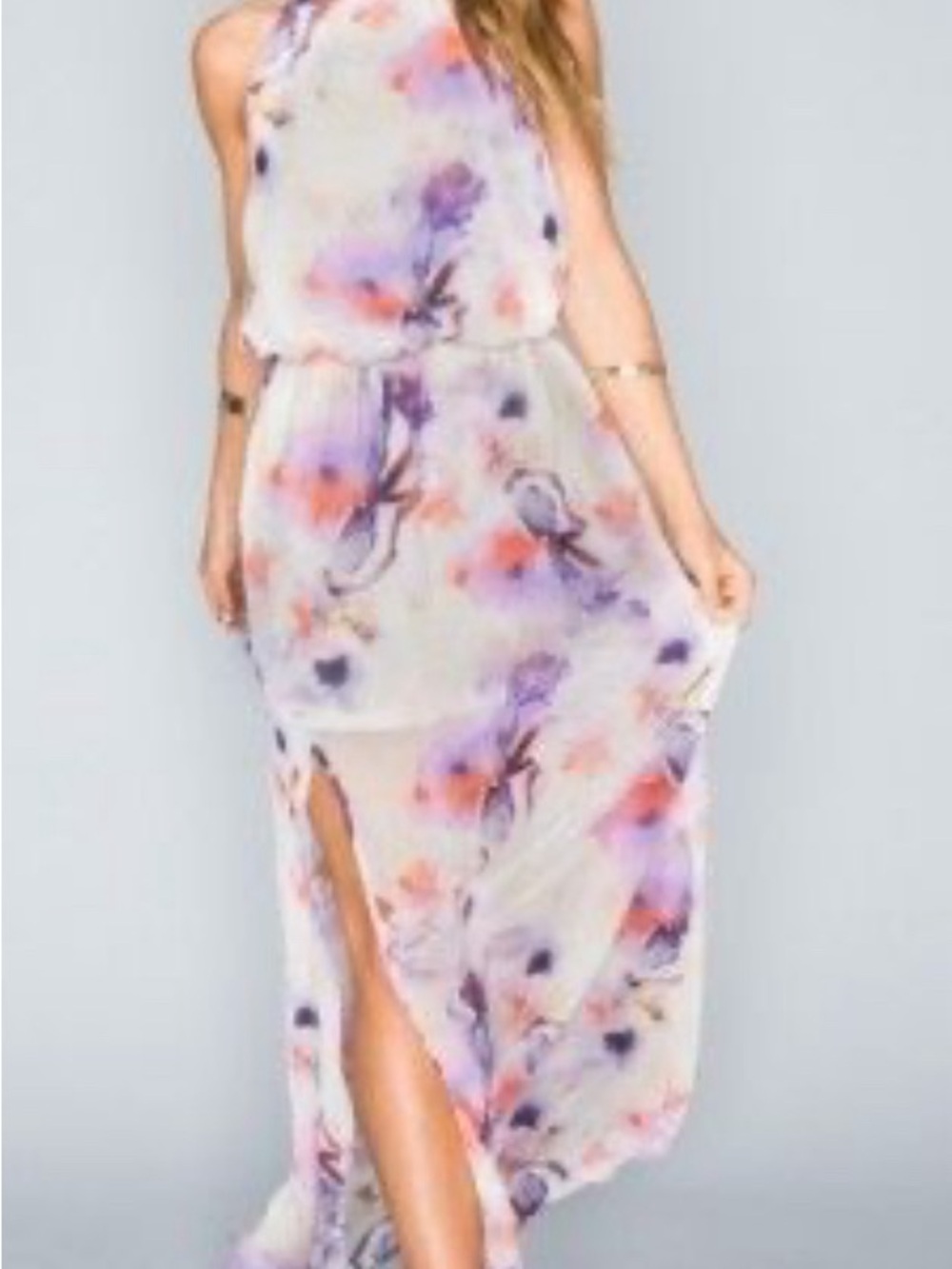 Show me your mumu,High-Slit Maxi Dress in Ivory with Purple & Pink Floral